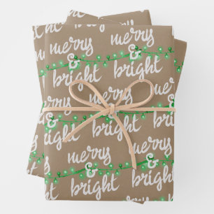 Merry & Bright Green Christmas Tree Lights Kraft Wrapping Paper Sheets