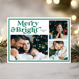 Merry & Bright Green Frame Photo Collage Letterpress Photo Cards