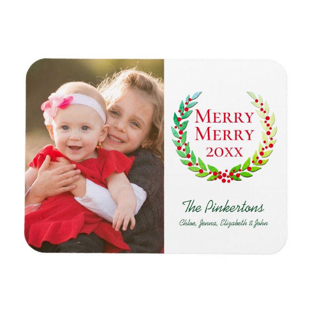 Merry & Bright Green Laurel Wreath Photo Holiday Magnet (Horizontal)