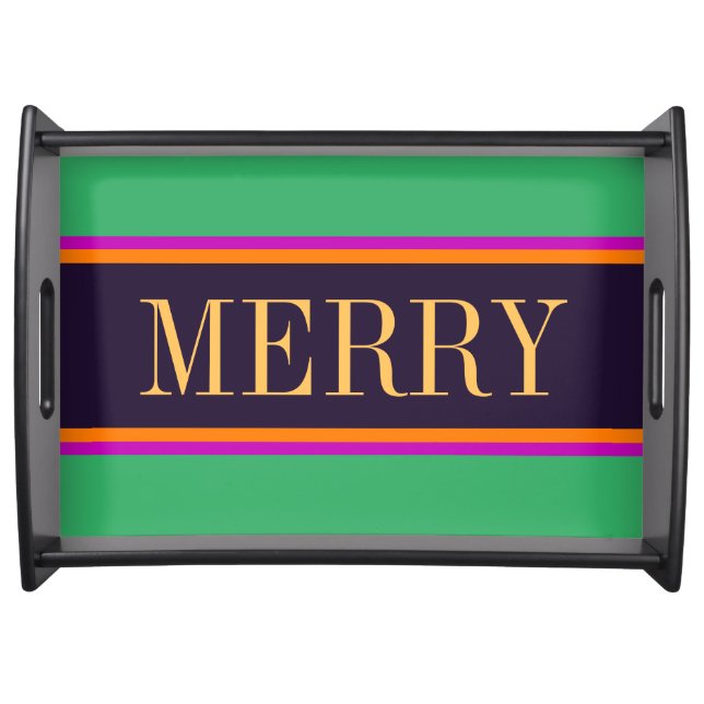 MERRY Bright Green Purple Orange Pink Stripes Serving Tray (Front)