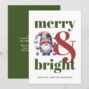 Merry & Bright Green Red Gnome Non-photo Christmas Holiday Card