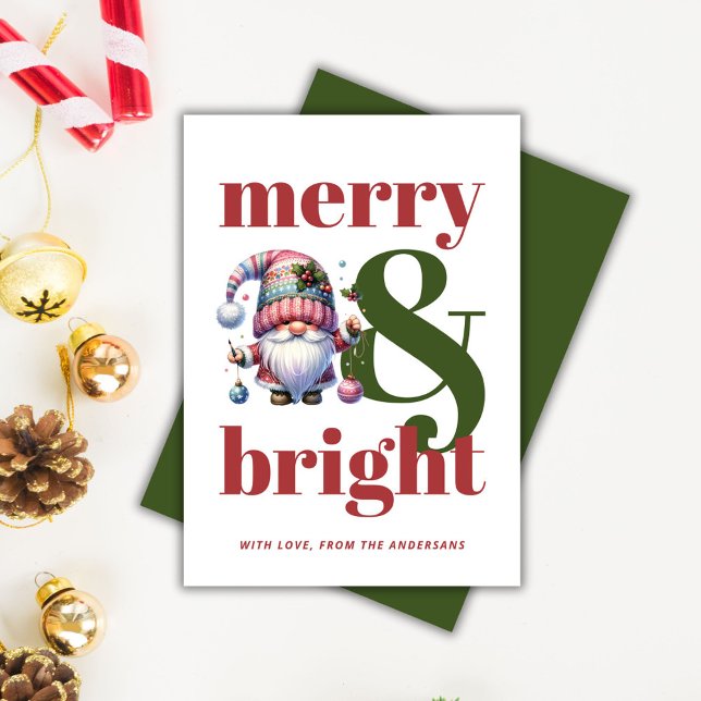 Merry & Bright Green Red Gnome Non-photo Christmas Holiday Card (Merry & Bright Green Red Gnome Non-photo Christmas Holiday Card)