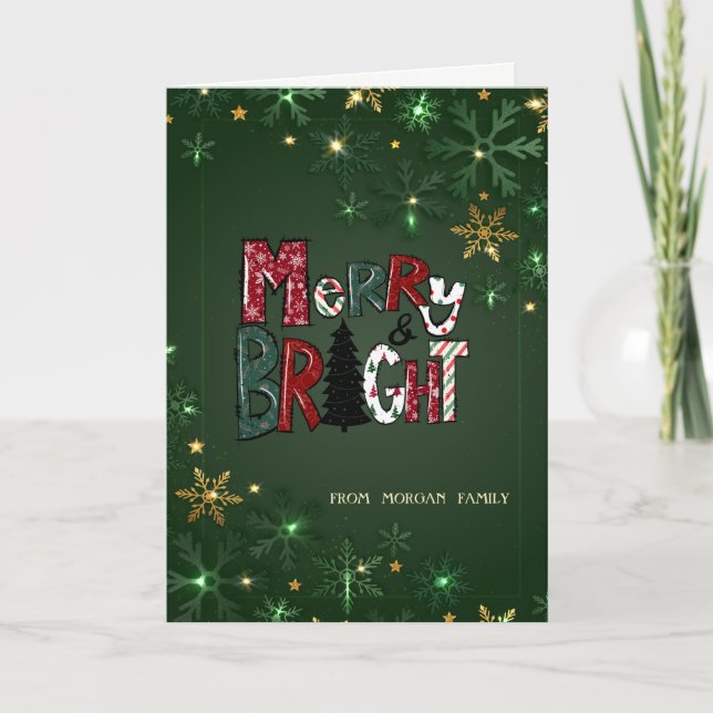 Merry & Bright,Green Snowflakes  Holiday Card (Front)