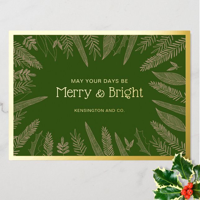 Merry & Bright Greenery Corporate Christmas Foil Holiday Card (Creator Uploaded)
