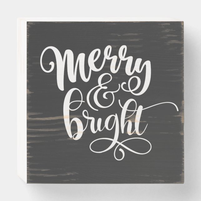 Merry & Bright Hand Lettering Script Wooden Box Sign (Front Horizontal)