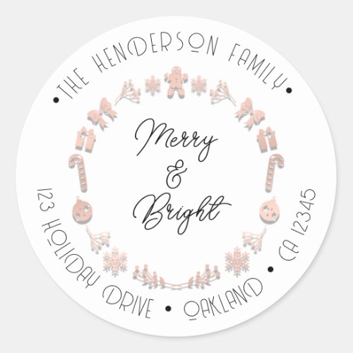 Merry Bright Holiday Address Wreath Deer Pink Rose Classic Round Sticker