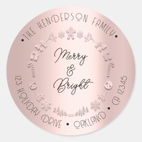 Merry Bright Holiday Address Wreath Deer Pink Rose Classic Round Sticker