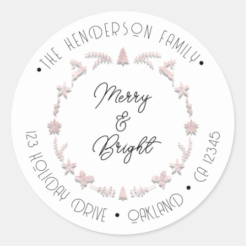 Merry Bright Holiday Address Wreath Deer PinkWhite Classic Round Sticker