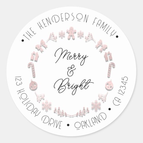 Merry Bright Holiday Address Wreath Deer PinkWhite Classic Round Sticker