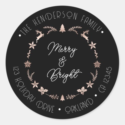 Merry Bright Holiday Address Wreath Deer Rose Classic Round Sticker