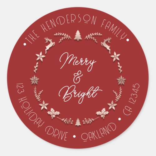 Merry Bright Holiday Address Wreath Deer Rose Red Classic Round Sticker