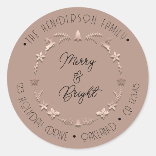 Merry Bright Holiday  Address Wreath Deer RoseSkin Classic Round Sticker