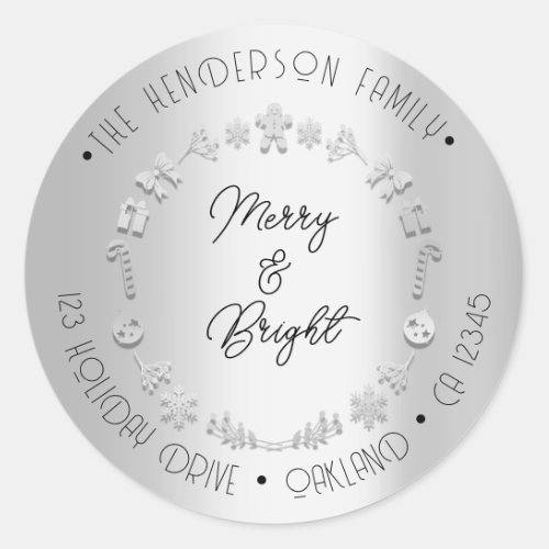 Merry Bright Holiday Address Wreath Silver Gray Classic Round Sticker