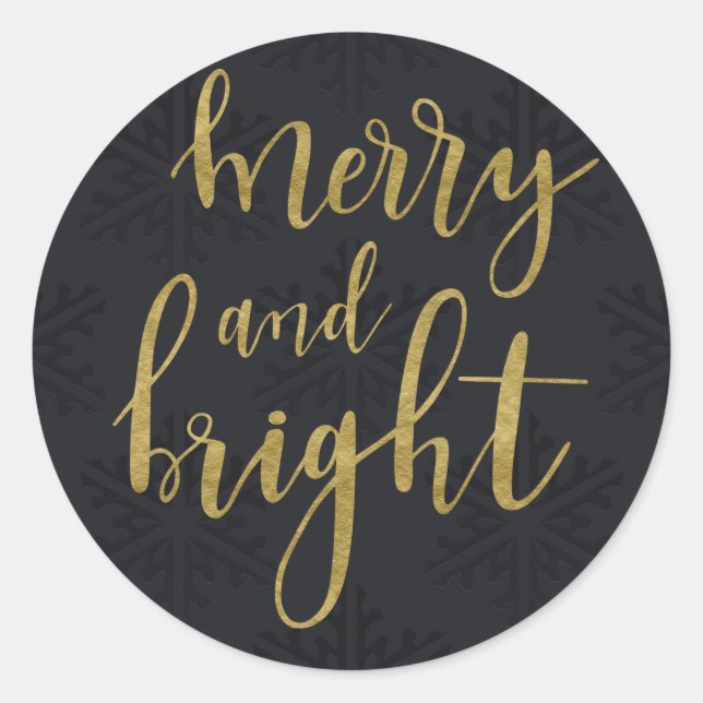 MERRY & BRIGHT Holiday Winter Black Snowflakes Classic Round Sticker (Front)