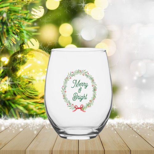 Merry & Bright Holiday Wreath Stemless Wine Glass