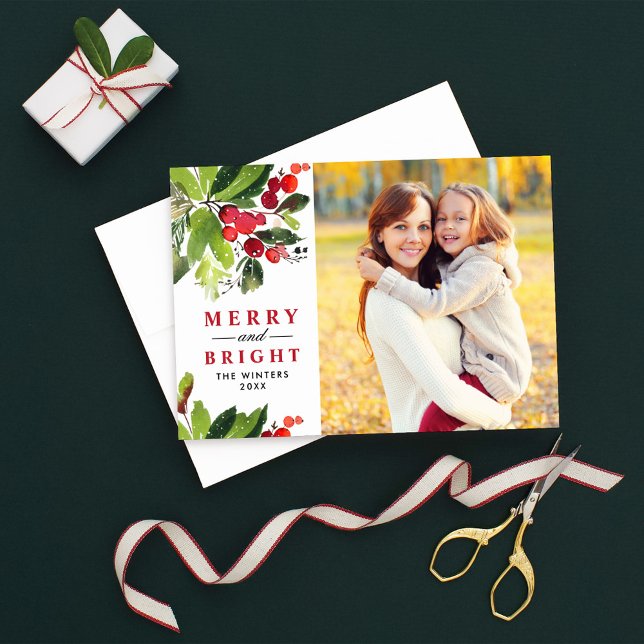 Merry & Bright Holly Greenery Photo Holiday Card (Creator Uploaded)