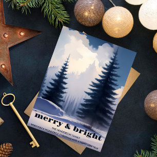 Merry & Bright l Blue Watercolor Pine Tree Forest  Holiday Card