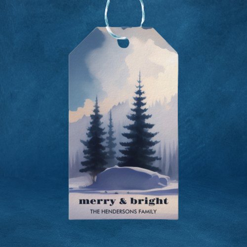Merry  Bright l Clean Watercolor Pine Trees  Gift Tags