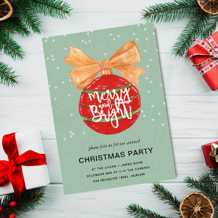 Merry & Bright l Watercolor Red Ornaments Snowy Invitation