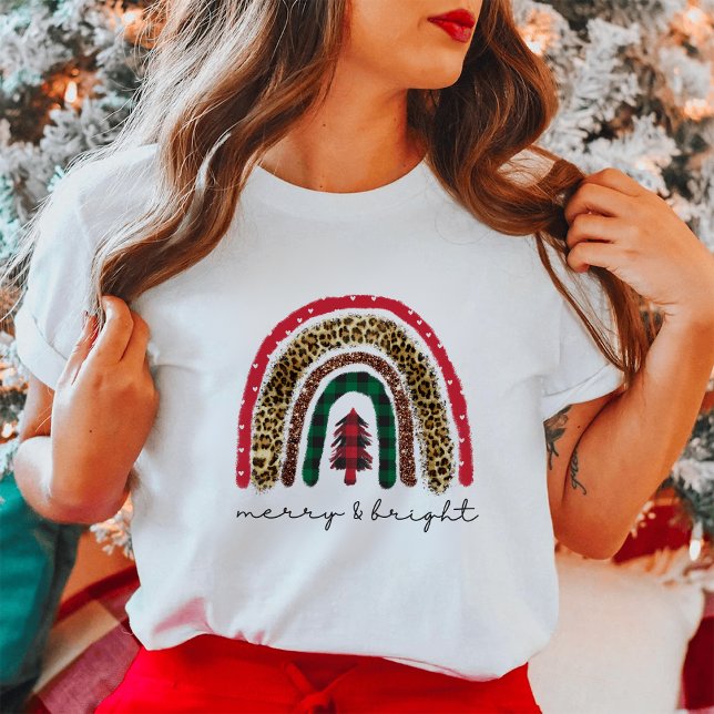 Merry & Bright Leopard Print Rainbow Christmas T-Shirt (Creator Uploaded)