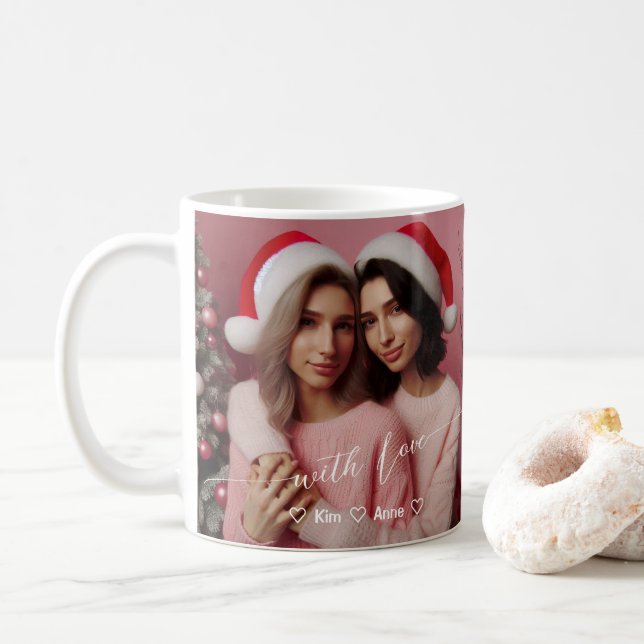 Merry & Bright Lesbian Retro Pink | Custom Photo  Coffee Mug (With Donut)