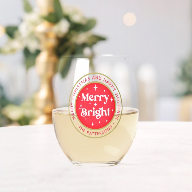 Merry & Bright Merry Christmas Happy Holidays Name Stemless Wine Glass (Insitu (Wedding))