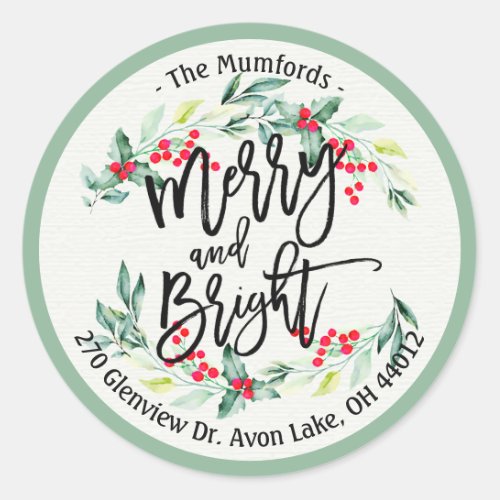 Merry Bright Merry Christmas Holly Floral Address Classic Round Sticker