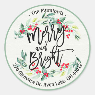 Merry Bright Merry Christmas Holly Floral Address Classic Round Sticker