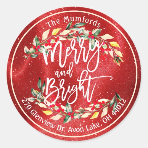 Merry Bright Merry Christmas Holly Floral Address Classic Round Sticker