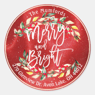 Merry Bright Merry Christmas Holly Floral Address Classic Round Sticker