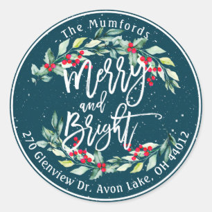 Merry Bright Merry Christmas Holly Floral Address Classic Round Sticker