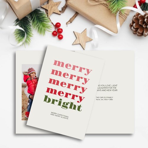 Merry  Bright Minimal Green Christmas Photo Holiday Card