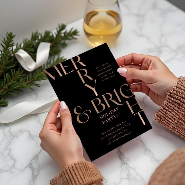 Merry & Bright Minimal Holiday Christmas Party Invitation (Merry & Bright Minimal Holiday Christmas Party Black Invitation)