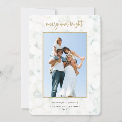 Merry  Bright Minimal White and Gold Photo Card