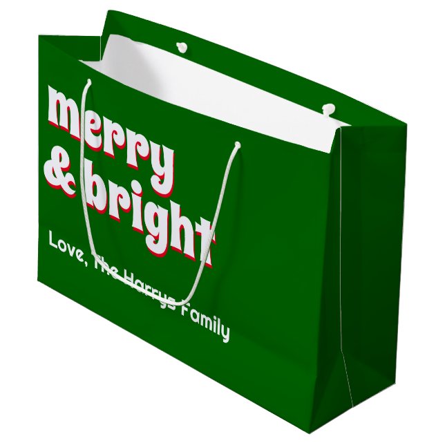 Merry & Bright  Minimalist Christmas Family Green Large Gift Bag (Front Angled)