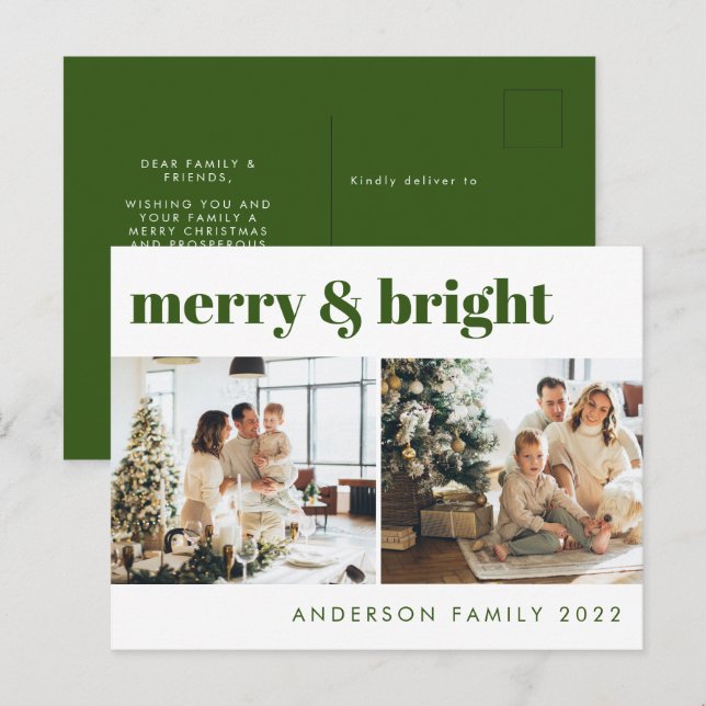 Merry & Bright Minimalist Green Christmas Postcard (Front/Back)