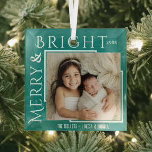Merry & Bright modern bold typo 1 photo Christmas Glass Ornament