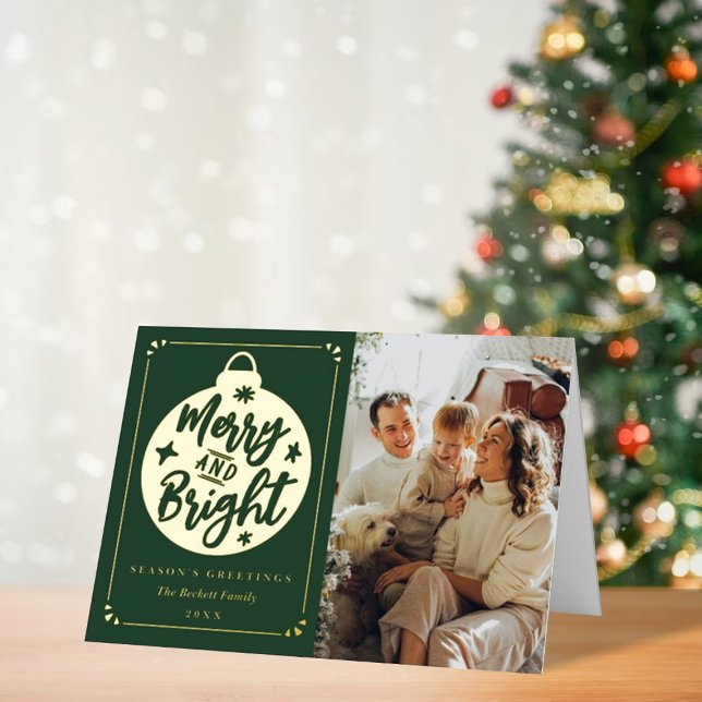 Merry & Bright Modern Christmas Bauble Photo Real Foil Holiday Card (Creator Uploaded)