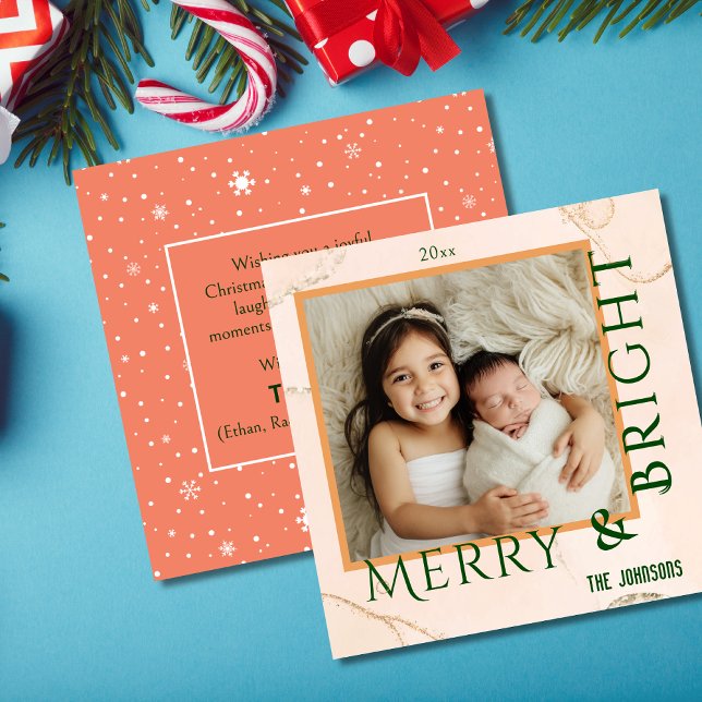 Merry & Bright modern cute bold typography 1 photo Holiday Card (Front/Back )