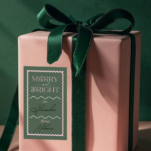 Merry & Bright Modern Green Retro Wavy To & From Rectangular Sticker