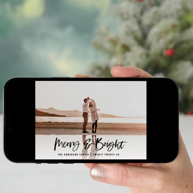 Merry & Bright modern, minimal photo christmas Holiday Card (Front Digital)