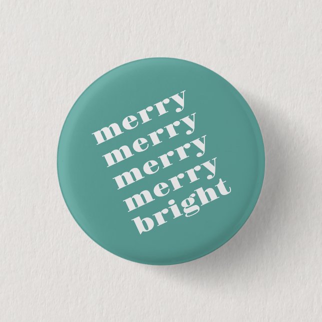 Merry & Bright Modern Minimal Teal Blue Christmas Button (Front)