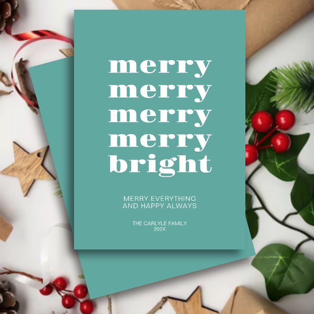 Merry & Bright Modern Minimal Teal Blue Christmas Holiday Card (Creator Uploaded)