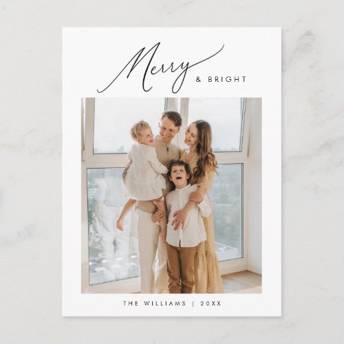 Merry  Bright Modern Minimalist Family Photo Postcard