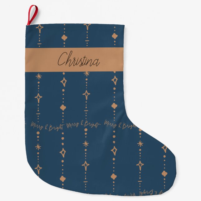 Merry & Bright Modern Navy Blue & Gold Abstract Large Christmas Stocking (Front)