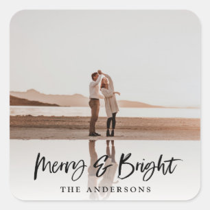 Merry & Bright modern photo christmas Square Sticker