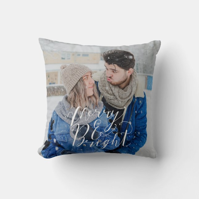 Merry & Bright Modern Photo Christmas Throw Pillow (Front)