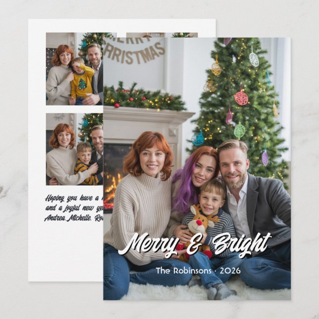 Merry & Bright Modern Photo Collage Family Xmas Holiday Card (Front/Back)
