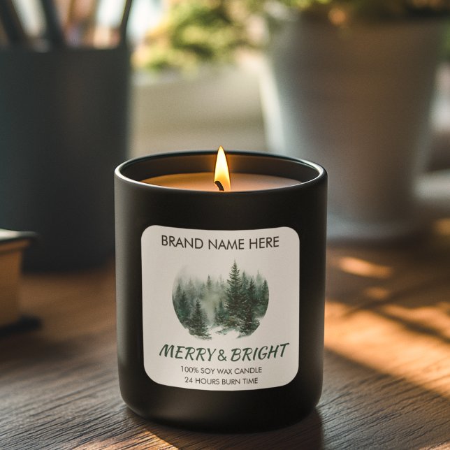 Merry & Bright Modern Pine Trees Candle Label  (Creator Uploaded)