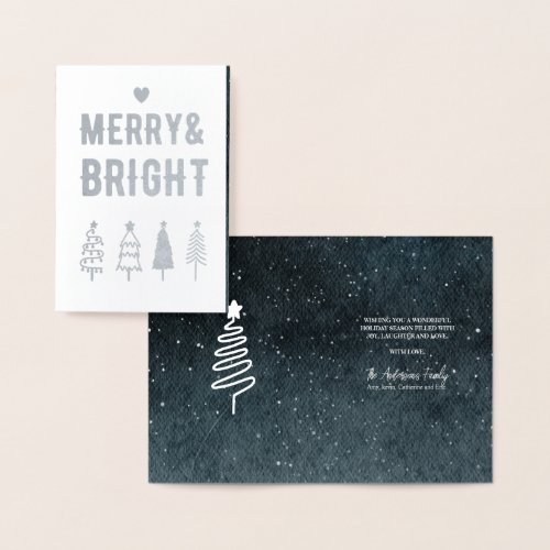 Merry Bright Modern Pine Trees Family Christmas Foil Card
